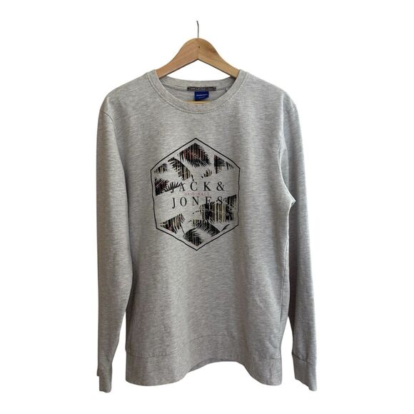 Jack & Jones Graphic Sweatshirt Mens Large Gray Long‎ Sleeve Crew Neck Pullover - Picture 1 of 13